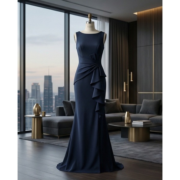 Eliza J Dresses & Skirts - Eliza J 8 Dark Navy Blue (almost Black) Sleeveless Ruffle‎ Front Gown Dress NWT